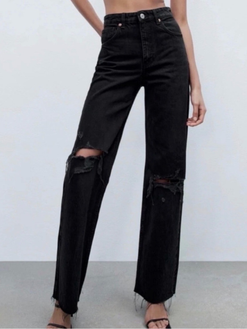 ZARA high-rise wide leg Distressed black Jeans -10/42